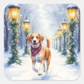 Watercolor Beagle Snowy Park Christmas Holiday Quadratischer Aufkleber (Vorderseite)