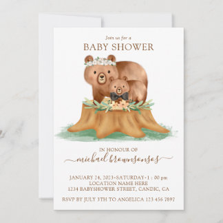 Watercolor Bear Mommy Baby Shower Boy Einladung