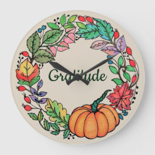 Watercolor Beautiful Pumpkin Wreath with leaves Große Wanduhr