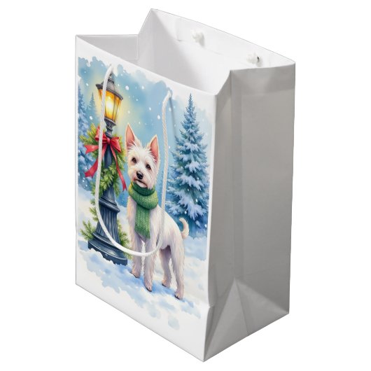 Watercolor Bedlington Terrier Lamppost Christmas Mittlere Geschenktüte (Vorderseite Schrägansicht)