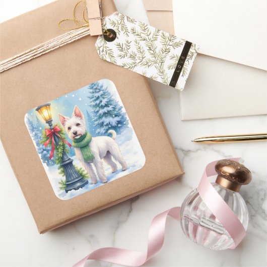 Watercolor Bedlington Terrier Lamppost Christmas Quadratischer Aufkleber (Schenken)