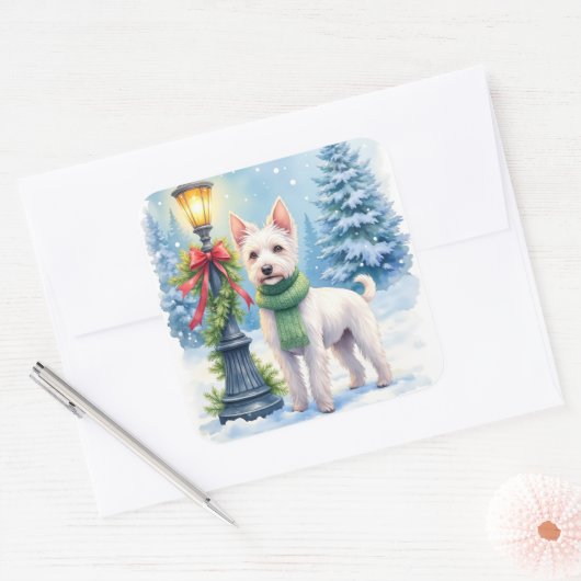 Watercolor Bedlington Terrier Lamppost Christmas Quadratischer Aufkleber (Umschlag)