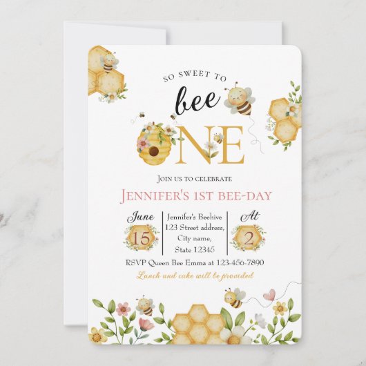 Watercolor Bee First Birthday Invitation Einladung (Vorderseite)