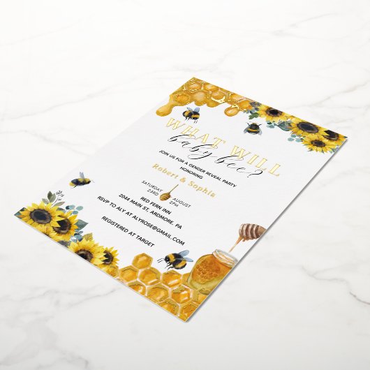 Watercolor Bee Gender Reveal Gold Folieneinladung (Gedreht)