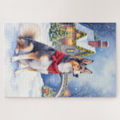 Watercolor Belgian Sheepdog Winter Christmas Puzzle (Horizontal)
