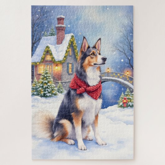 Watercolor Belgian Sheepdog Winter Christmas Puzzle (Vertikal)