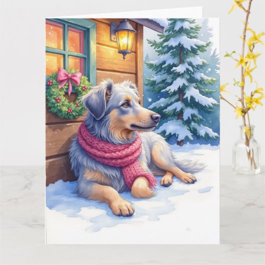Watercolor Bergamasco Shepherd Cabin Christmas Karte (Gelbe Blume)