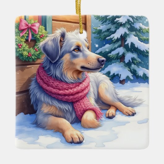 Watercolor Bergamasco Shepherd Cabin Christmas Keramikornament (Vorderseite)