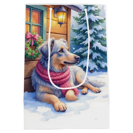 Watercolor Bergamasco Shepherd Cabin Christmas Mittlere Geschenktüte (Rückseite)