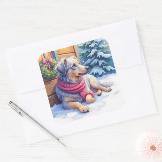 Watercolor Bergamasco Shepherd Cabin Christmas Quadratischer Aufkleber (Umschlag)