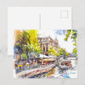 Watercolor Berlin Mitte Spree River Café Postkarte (Vorne/Hinten)