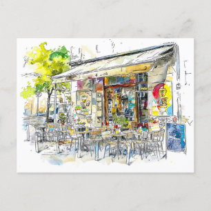 Watercolor Berlin Prenzlauer Berg Street Café Postkarte