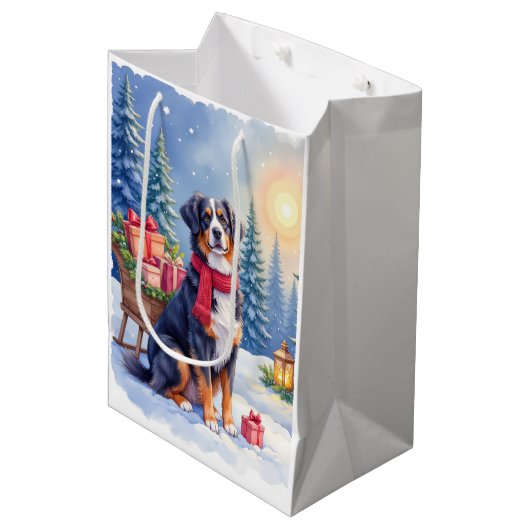 Watercolor Bernese Mountain Dog Sleigh Christmas Mittlere Geschenktüte (Vorderseite Schrägansicht)