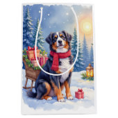 Watercolor Bernese Mountain Dog Sleigh Christmas Mittlere Geschenktüte (Vorderseite)