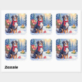 Watercolor Bernese Mountain Dog Sleigh Christmas Quadratischer Aufkleber (Blatt)