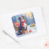 Watercolor Bernese Mountain Dog Sleigh Christmas Quadratischer Aufkleber (Umschlag)