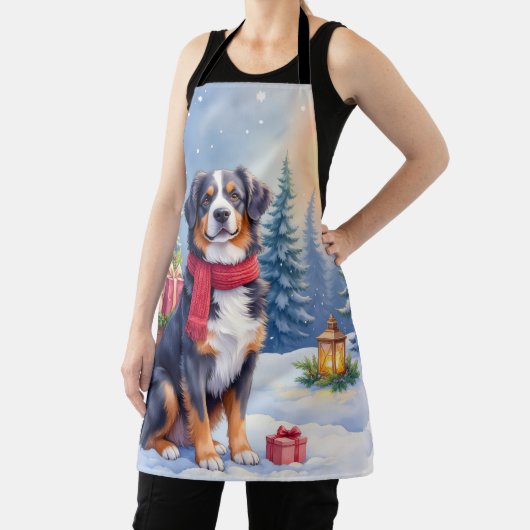 Watercolor Bernese Mountain Dog Sleigh Christmas Schürze (InSitu)