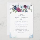 Watercolor Berry Blue Burgund Floral Wedding Invi Einladung (Vorderseite)