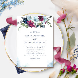 Watercolor Berry Blue Burgund Floral Wedding Invi Einladung