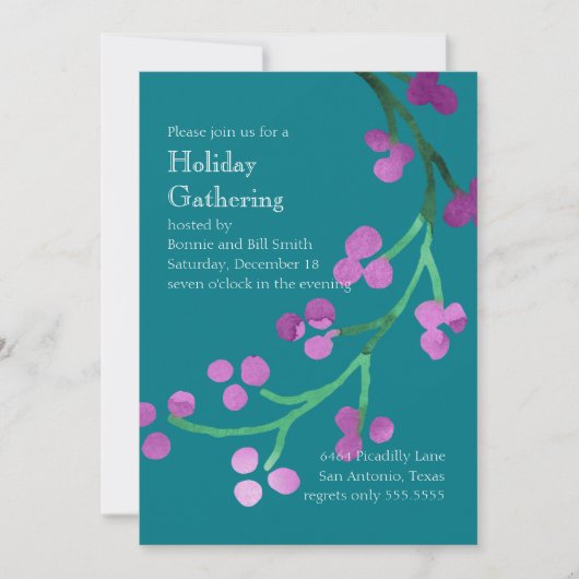 Watercolor Berry Branch Lila Green Einladung (Vorderseite)