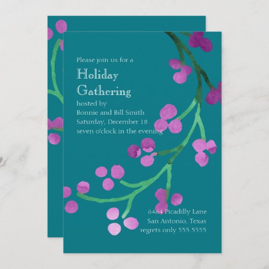 Watercolor Berry Branch Lila Green Einladung (Vorne/Hinten)