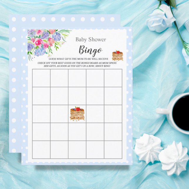 Watercolor Berry Pancake Blue Baby Dusche Bingo (Experience the enchantment of a Watercolor Berry Pancake Blue Gingham-themed Baby Shower.)