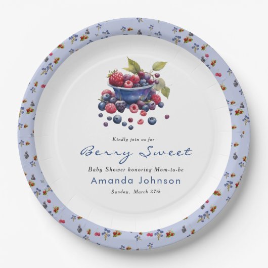 Watercolor Berry Sweet Blueberries Baby Shower Pappteller (Vorderseite)