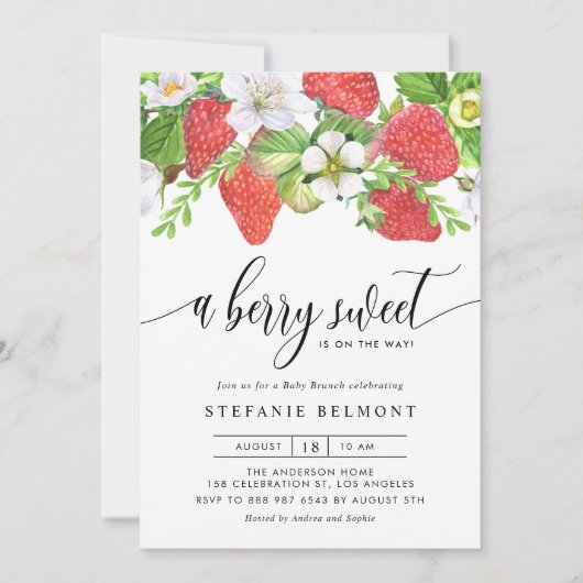 Watercolor Berry Sweet Strawberries Baby Brunch Einladung (Vorderseite)