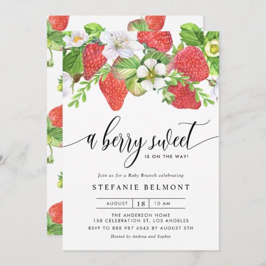 Watercolor Berry Sweet Strawberries Baby Brunch Einladung (Vorne/Hinten)