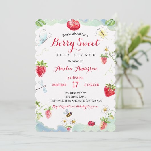 Watercolor Berry Sweet Strawberries Baby Shower Einladung (Stehend Vorderseite)