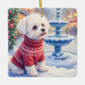 Watercolor Bichon Frise Festive Fountain Christmas Keramikornament (Vorderseite)