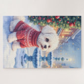 Watercolor Bichon Frise Festive Fountain Christmas Puzzle (Horizontal)
