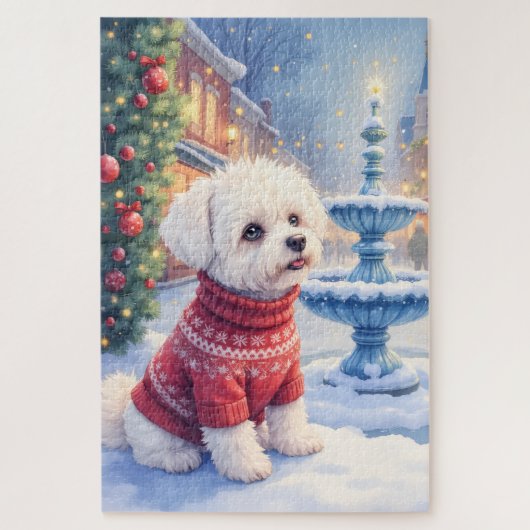 Watercolor Bichon Frise Festive Fountain Christmas Puzzle (Vertikal)