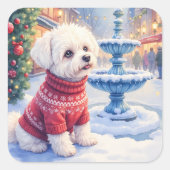 Watercolor Bichon Frise Festive Fountain Christmas Quadratischer Aufkleber (Vorderseite)