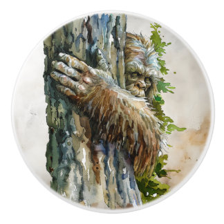 Watercolor Bigfoot Hiding Forest Ceramic Pull Keramikknauf