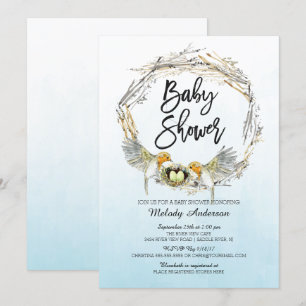 Watercolor Bird Nest Twins Kinderdusche Einladung