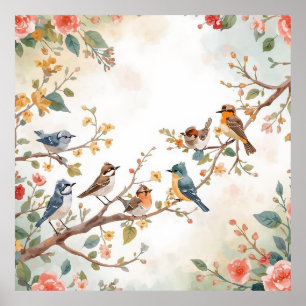 Watercolor Birds in Bloom Poster