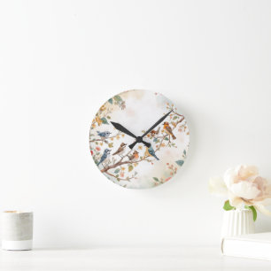 Watercolor Birds in Bloom Runde Wanduhr