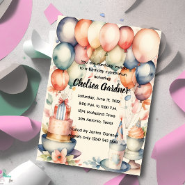 Watercolor Birthday Balloons Cake Food Einladung
