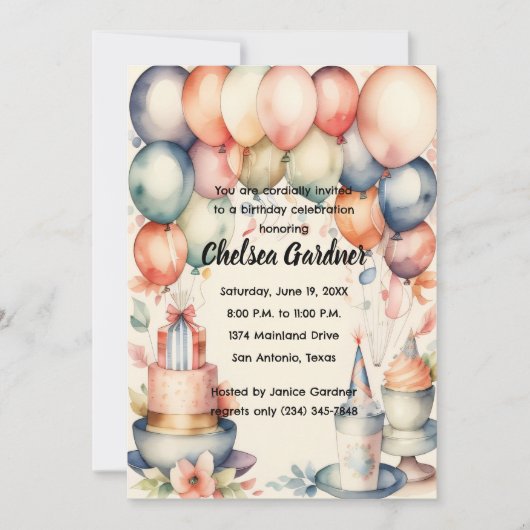 Watercolor Birthday Balloons Cake Food Einladung (Vorderseite)