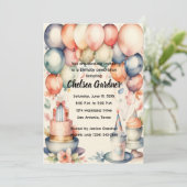 Watercolor Birthday Balloons Cake Food Einladung (Stehend Vorderseite)