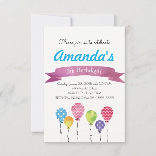 Watercolor Birthday Balloons Einladungen (Vorderseite)