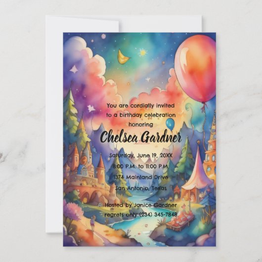 Watercolor Birthday Balloons Fantasy Landscape Einladung (Vorderseite)