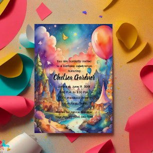 Watercolor Birthday Balloons Fantasy Landscape Einladung