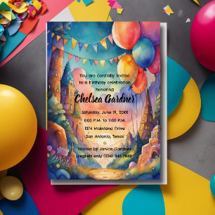 Watercolor Birthday Balloons Fantasy Landscape Einladung