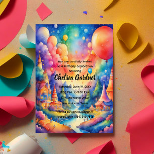 Watercolor Birthday Balloons Fantasy Landscape Einladung