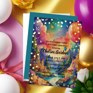Watercolor Birthday Balloons Fantasy Landscape Folieneinladung