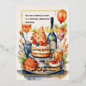 Watercolor Birthday Wine Cake Food Folieneinladung (Vorderseite)