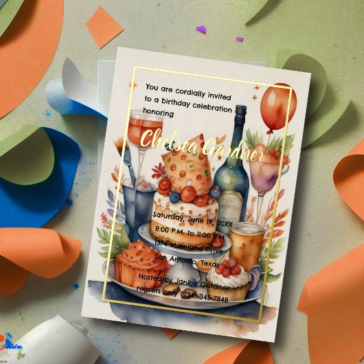 Watercolor Birthday Wine Cake Food Folieneinladung