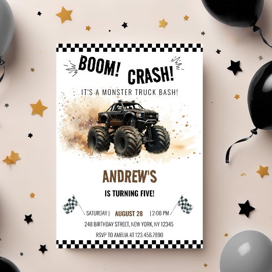 Watercolor Black Boom Crash Monster Truck Bash Einladung